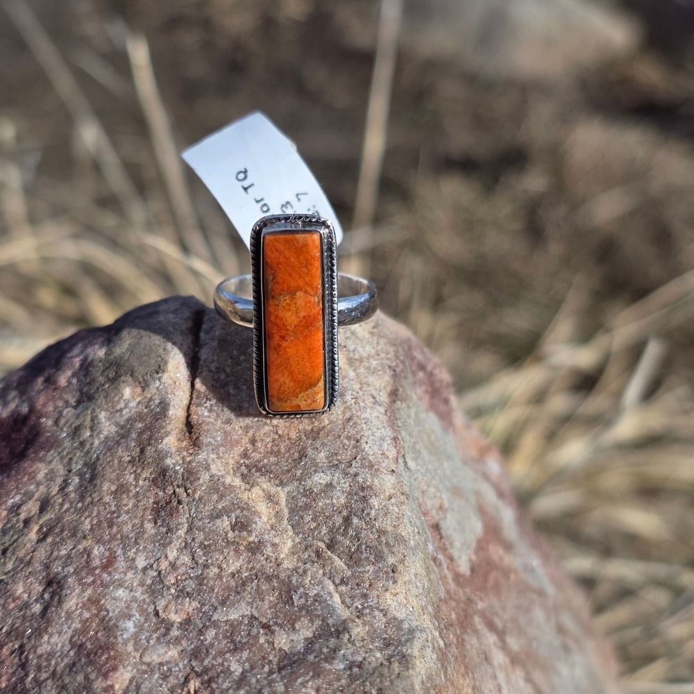 Sterling Silver Rectangular Orange Stone Ring